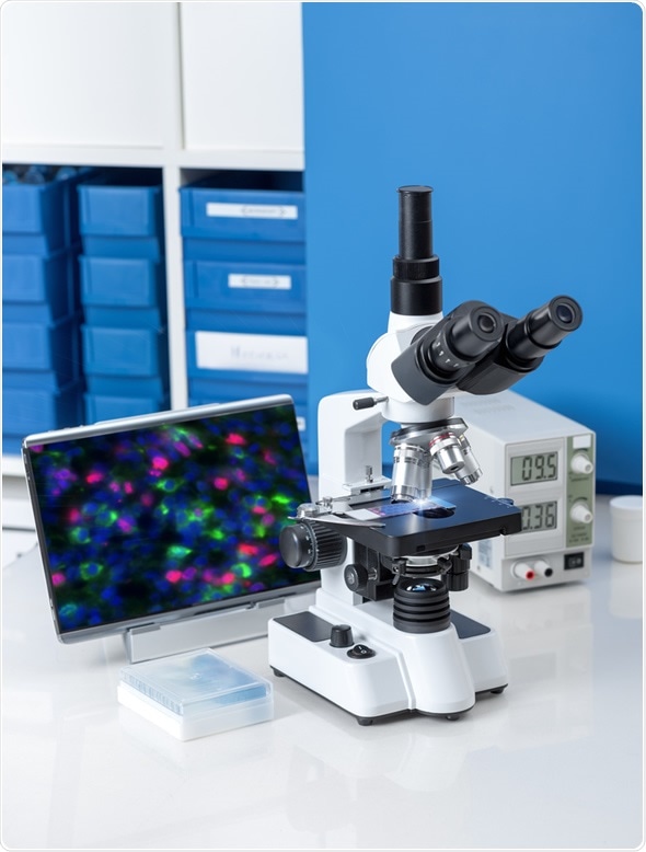 Modern microscope station with atibody-stained tissue sample image on the screen. Image Copyright: anyaivanova / Shutterstock