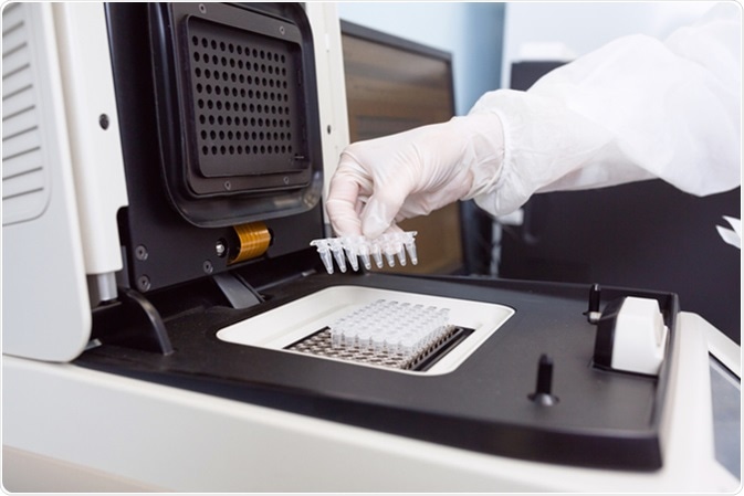 Female genetics worker placing the strips with DNA into the PCR thermal cycler or amplifier for PCR diagnostics. Image Credit: UvGroup / Shutterstock