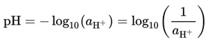 The notational definition of pH, expressed in mathematical terms.