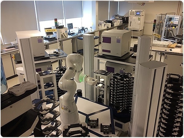 4 PHERAstar FSX plate readers integrated in a HighRes Biosolutions modular robotic workstation at AstraZeneca UK.