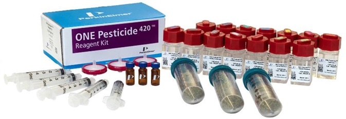 The components of PerkinElmer ONE Pesticide420™ reagent and consumable kit.