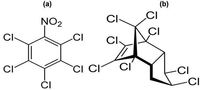 Structure of pentachloronitrobenzene (a) and chlordane (b).