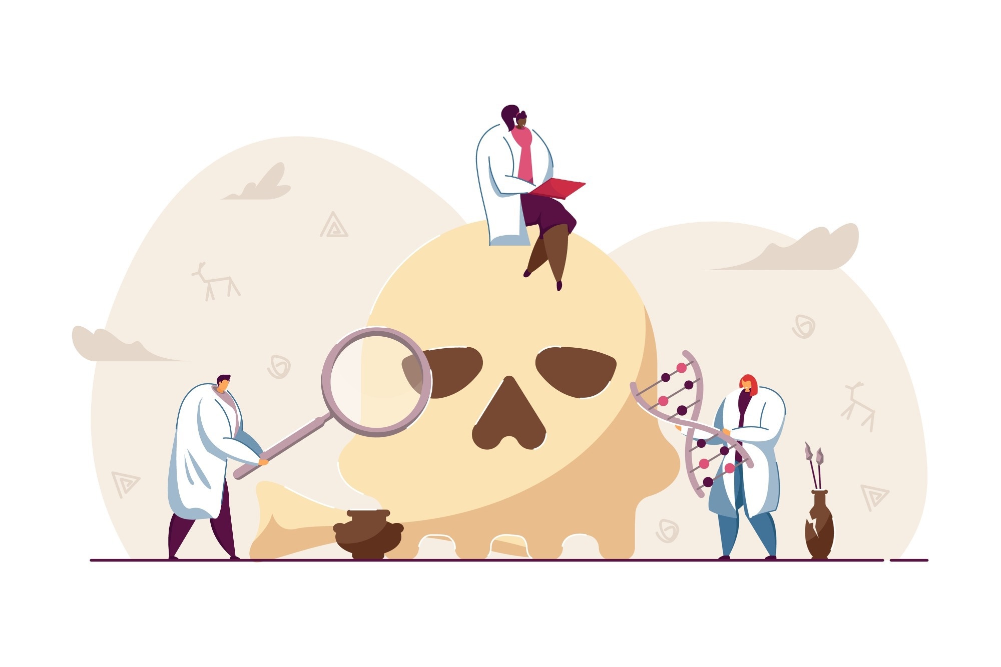 Tiny people studying prehistoric fossils and DNA. Woman sitting on Neanderthal skull flat vector illustration. Anthropology, sociology, museum concept for banner, website design or landing web page
