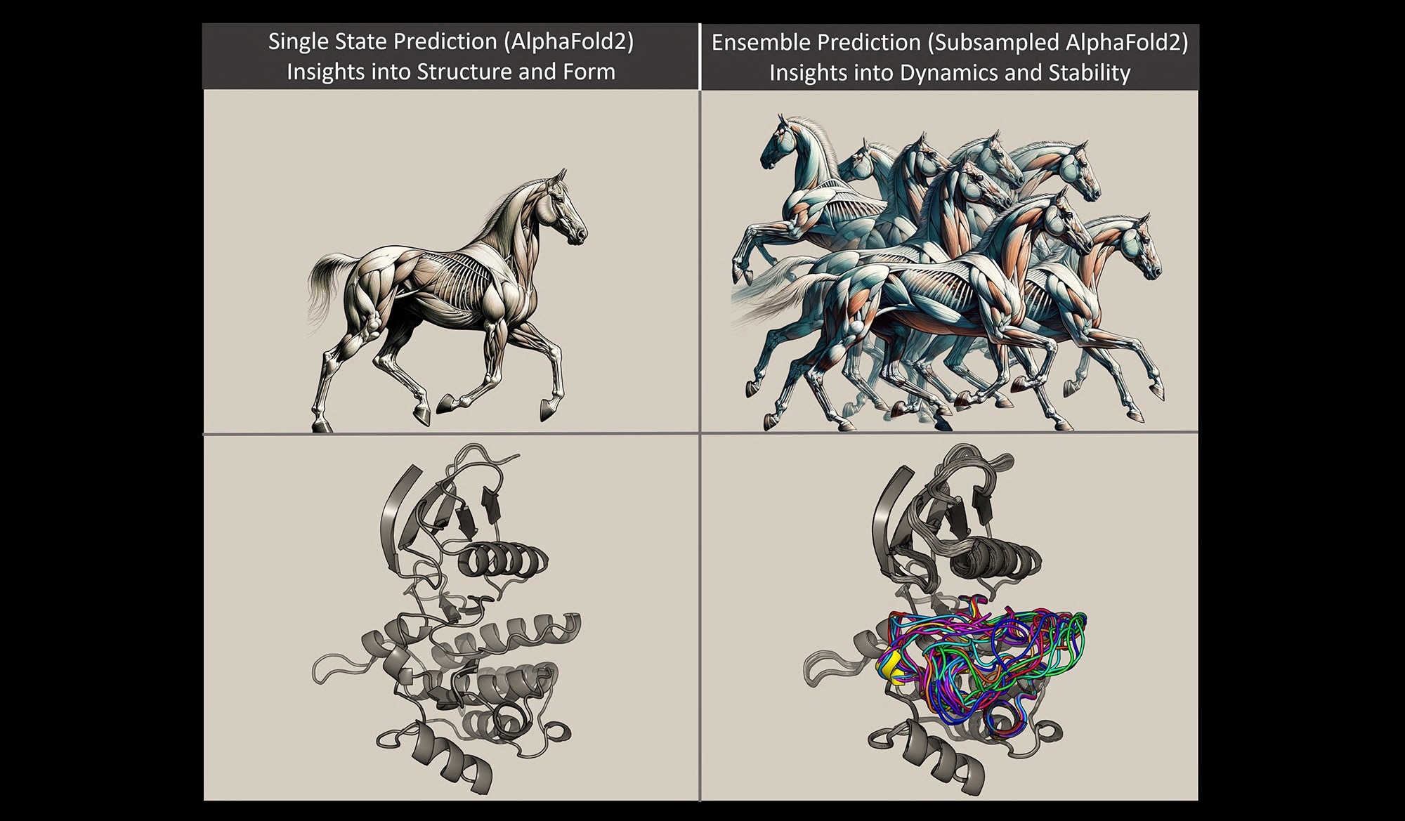 In the same way that multiple snapshots of a galloping horse provide information about how the horse moves, multiple snapshots of a protein changing shape can improve scientific understanding of that protein’s structure and function. Image courtesy of Gabriel Monteiro da Silva.